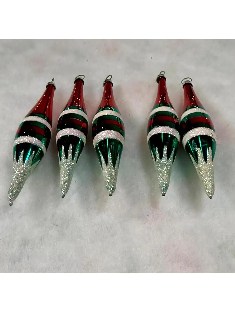 Blown Glass Long Tapered Ornaments - Striped Red, White, and Green - Set of 5